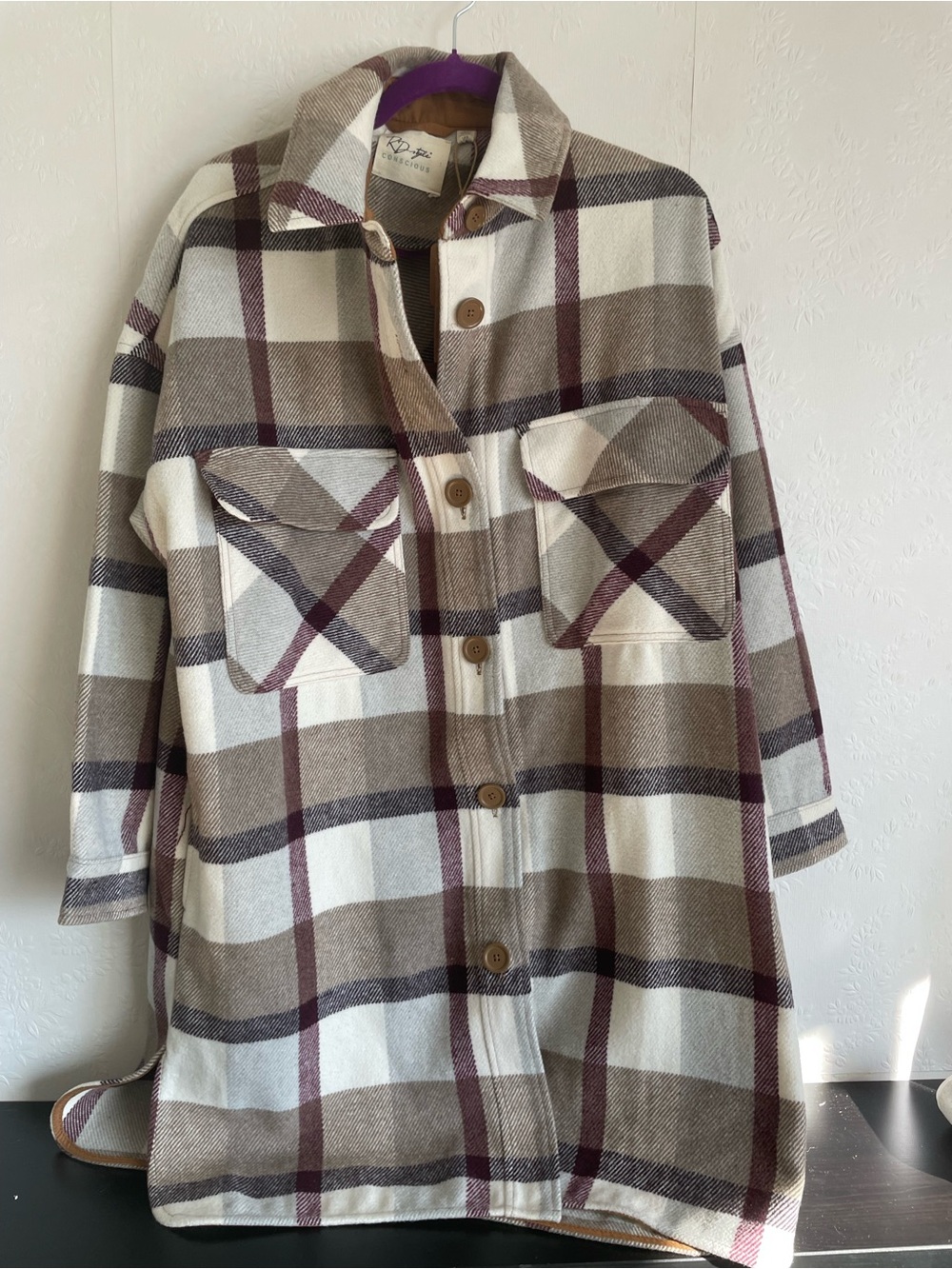 BNWT Plaid Button-Up Shacket Jacket in Cream & Brown
